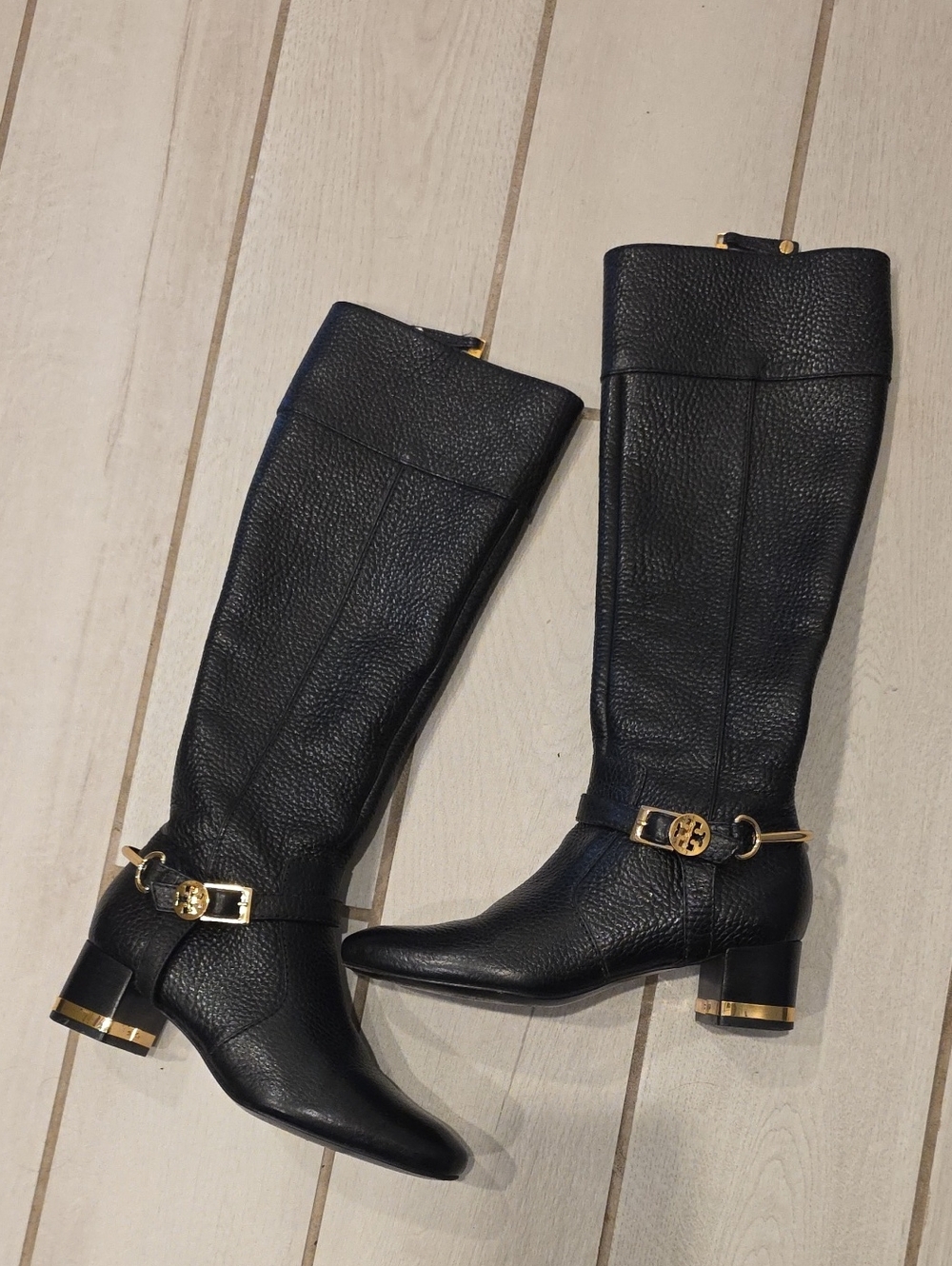 Tory Burch black tumbled leather block-heel riding boots